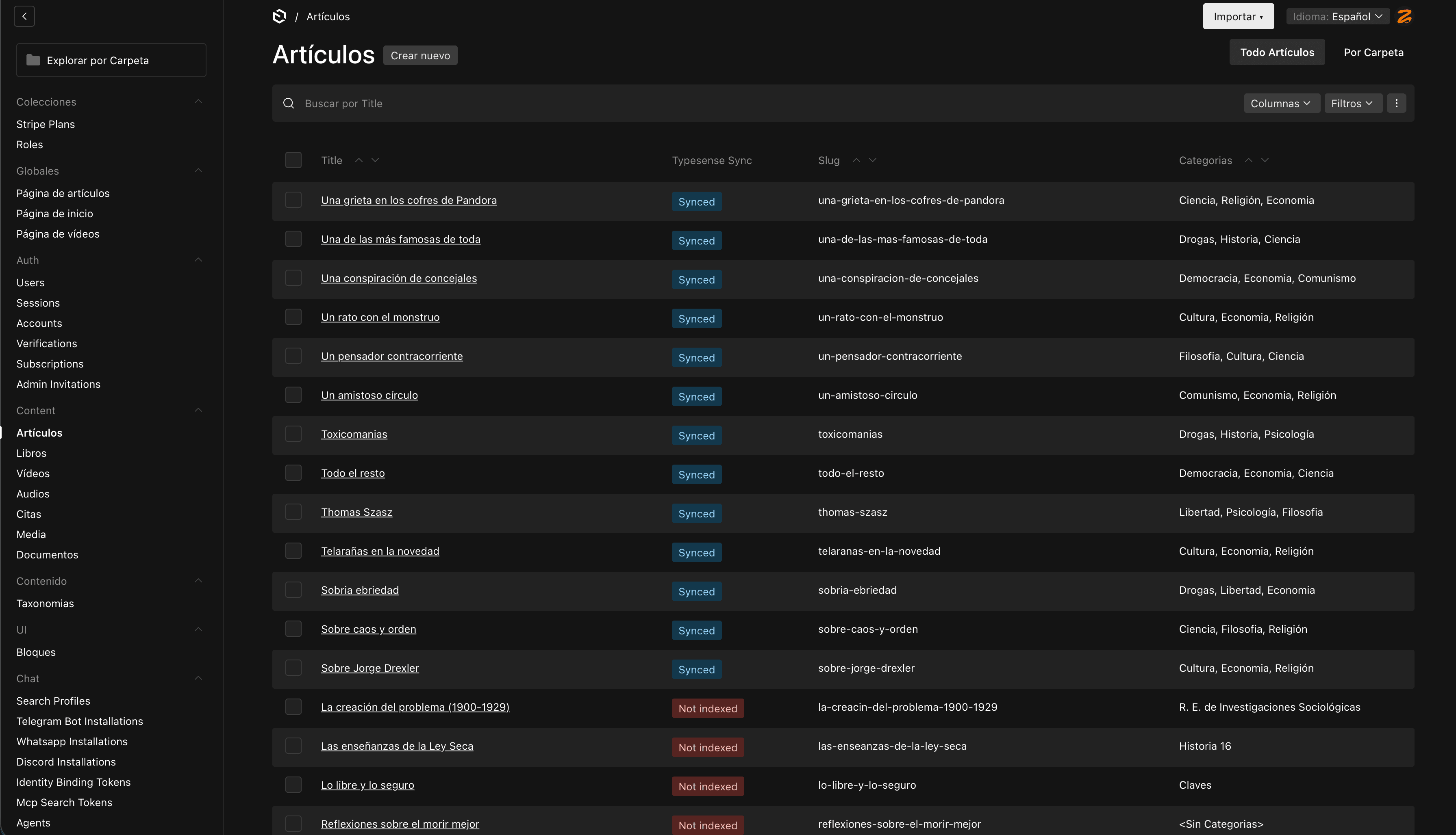 El panel de Payload CMS con los artículos del portal y su estado de sincronización con el índice de búsqueda