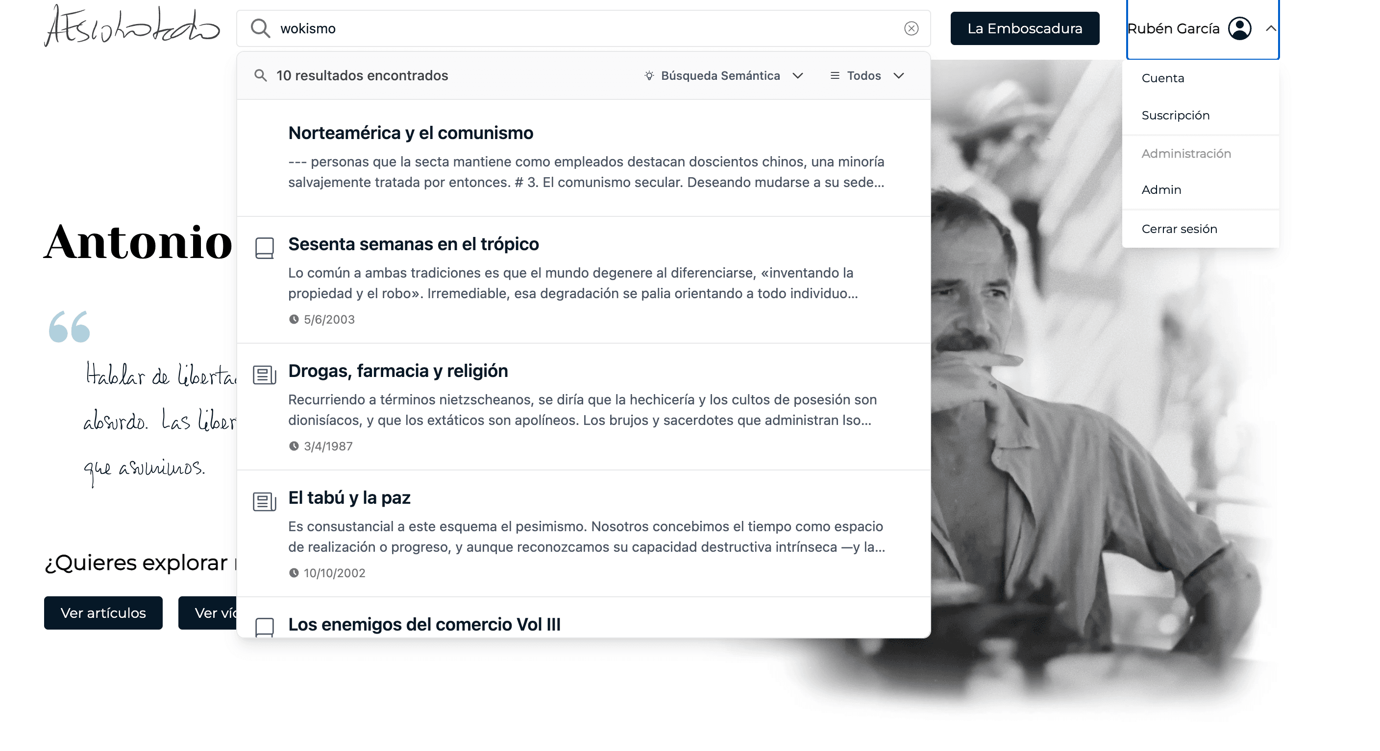 El buscador del portal en modo semántico: resultados para «wokismo» sobre libros y artículos