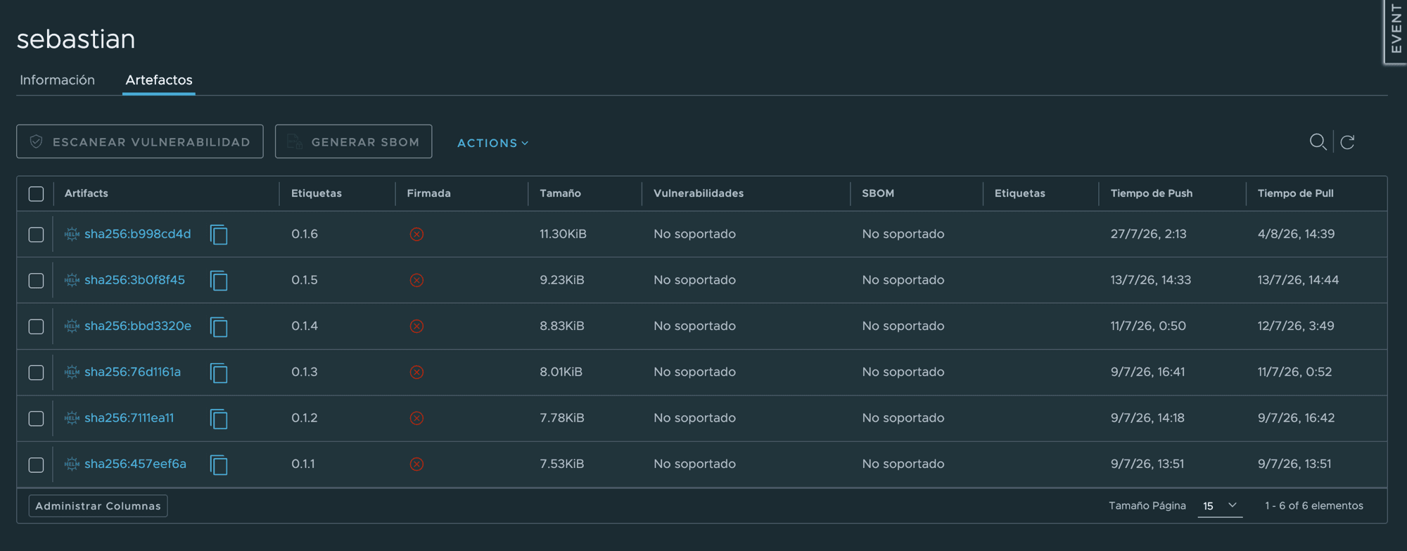 Los artefactos de un repositorio: cada versión con su digest, su tamaño y las columnas de firma, vulnerabilidades y SBOM
