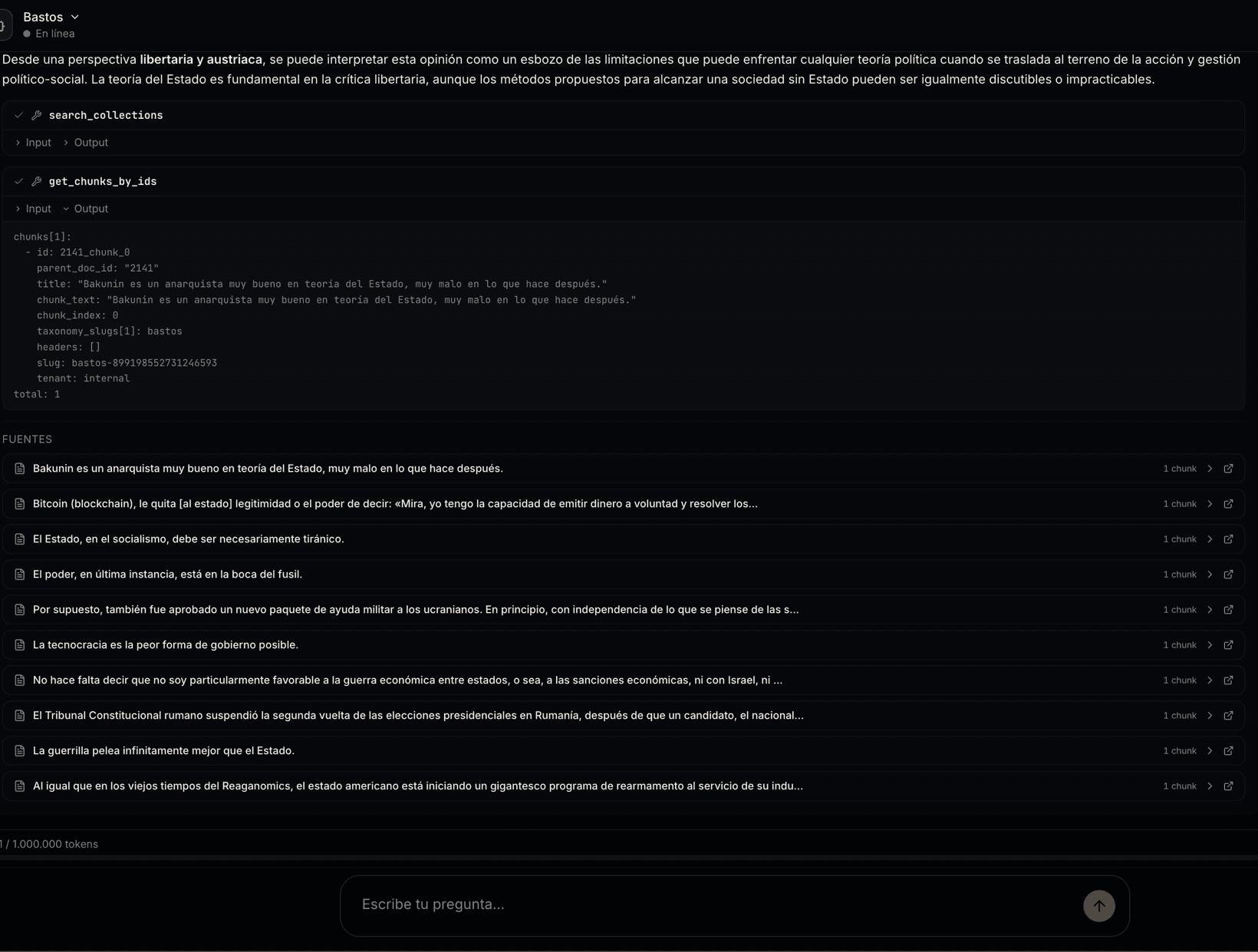 El agente del portal resolviendo una pregunta: primero llama a search_collections, luego a get_chunks_by_ids, y responde citando las fuentes recuperadas