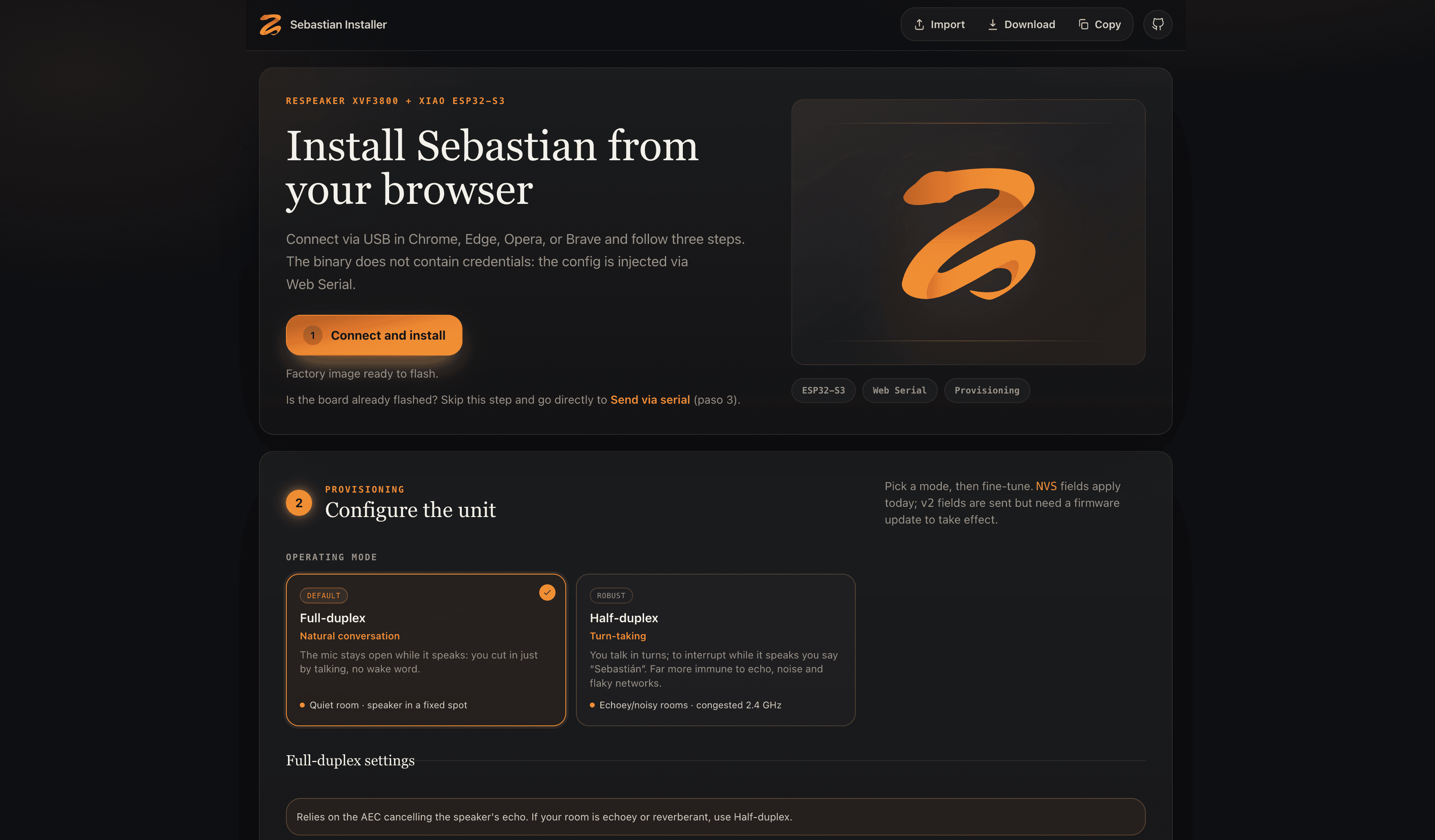 Sebastian Installer: instalación y provisioning del firmware del altavoz desde el navegador vía Web Serial