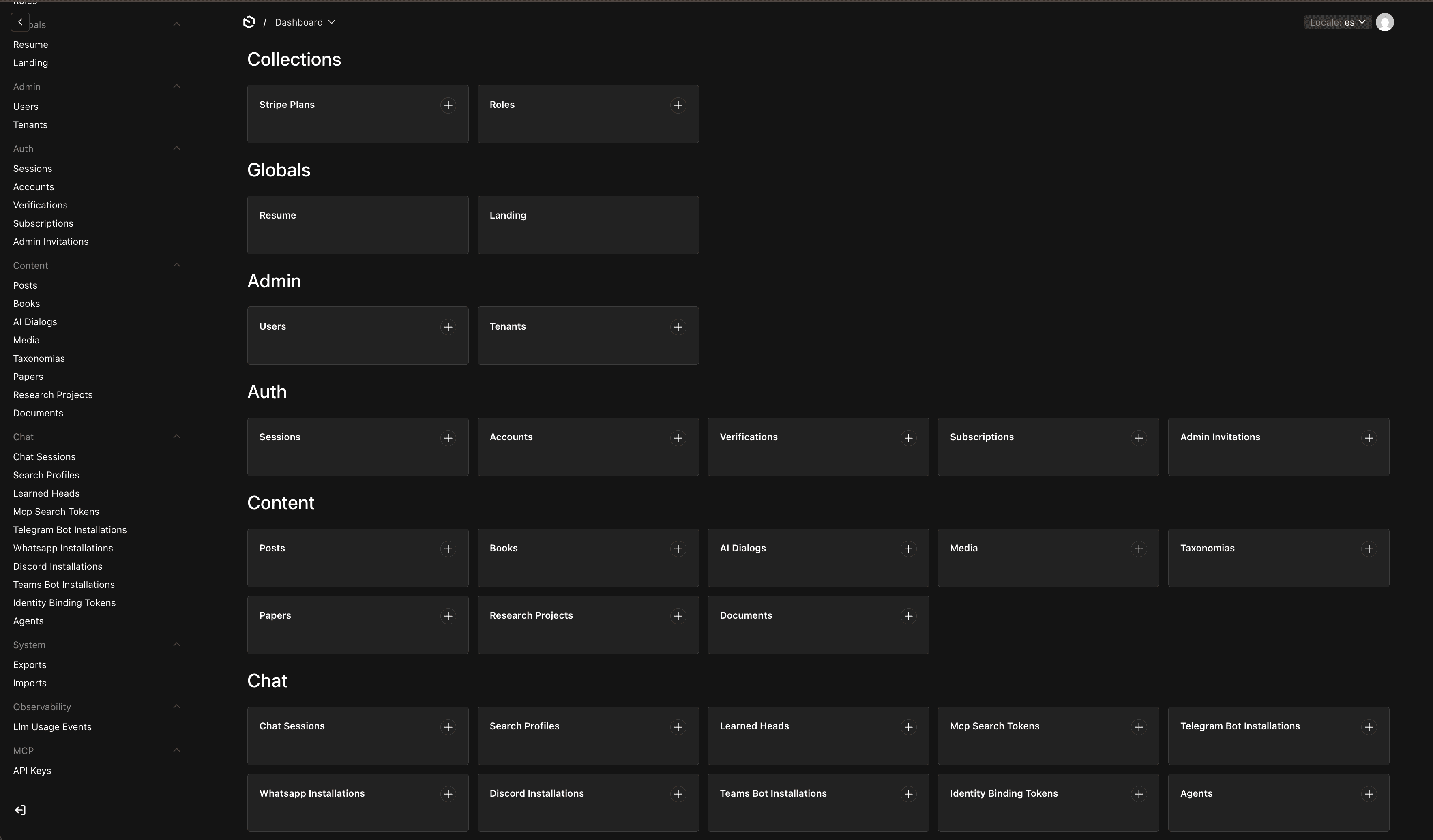 El admin de Payload del portal: agentes, perfiles de búsqueda, instalaciones de canales y sesiones, todo como colecciones
