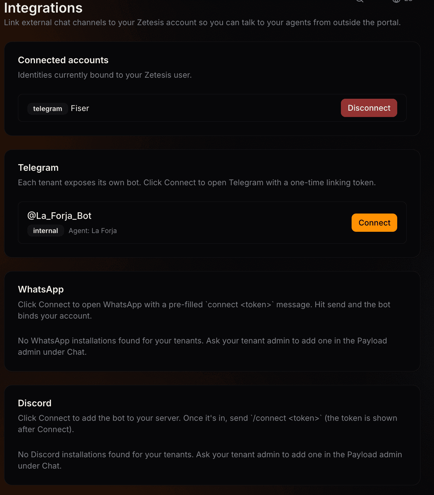 Las instalaciones de bots de un tenant —puede tener tantos como quiera— y la vinculación de cuentas por token de un solo uso