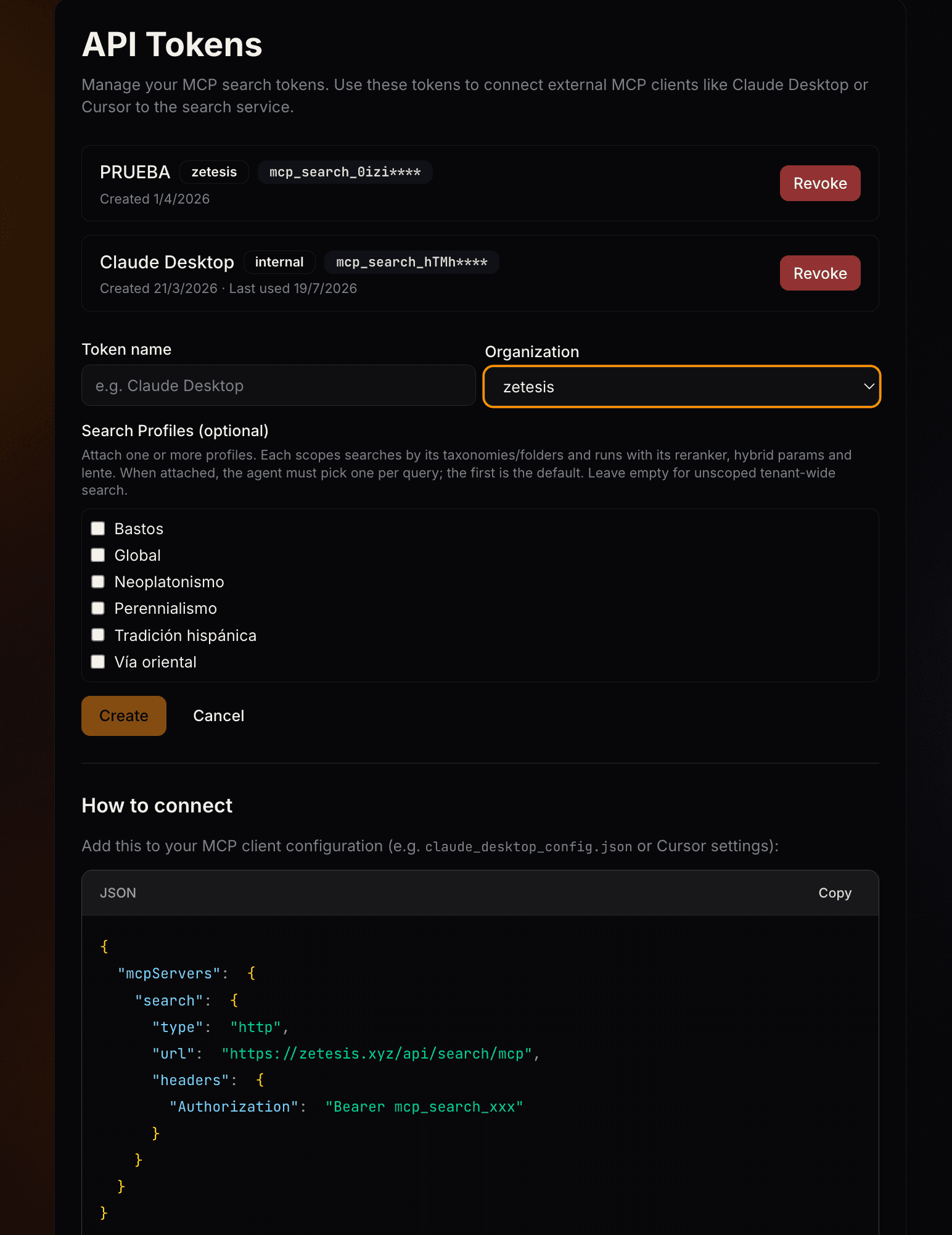 Tokens MCP por usuario: nombre, organización y perfiles de búsqueda acotados, con el JSON de conexión listo para copiar