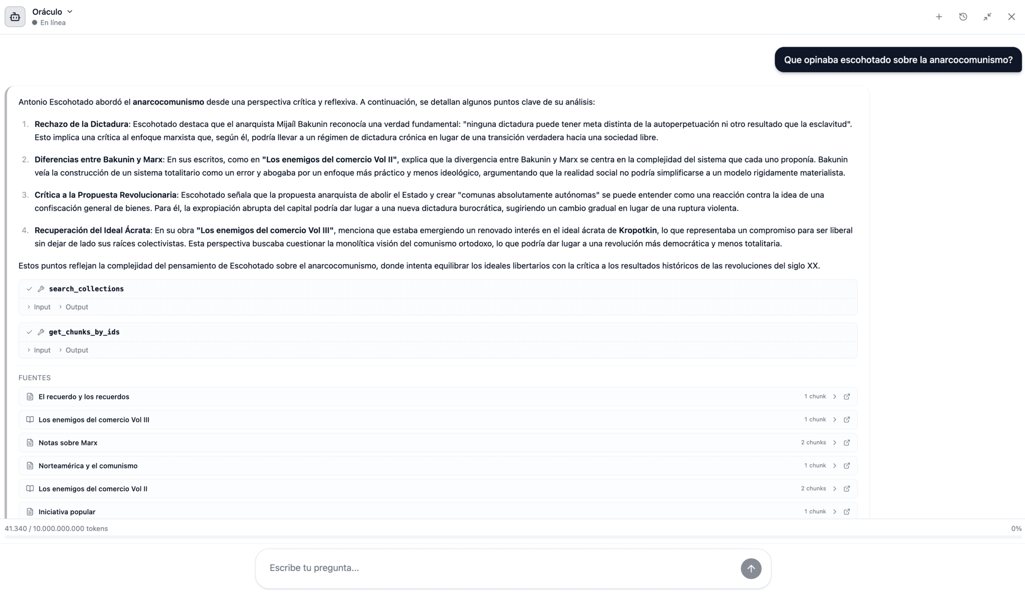 Agente respondiendo una pregunta sobre un corpus propio: enumera las herramientas de búsqueda que ha invocado y lista los documentos de los que sale cada afirmación.
