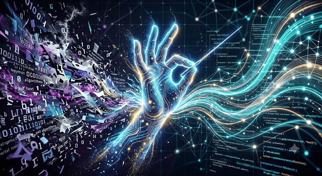 Ilustración conceptual: una mano trazada con líneas de luz emerge de un campo de fragmentos de datos y se prolonga hacia la derecha en ondas de código y nodos conectados.