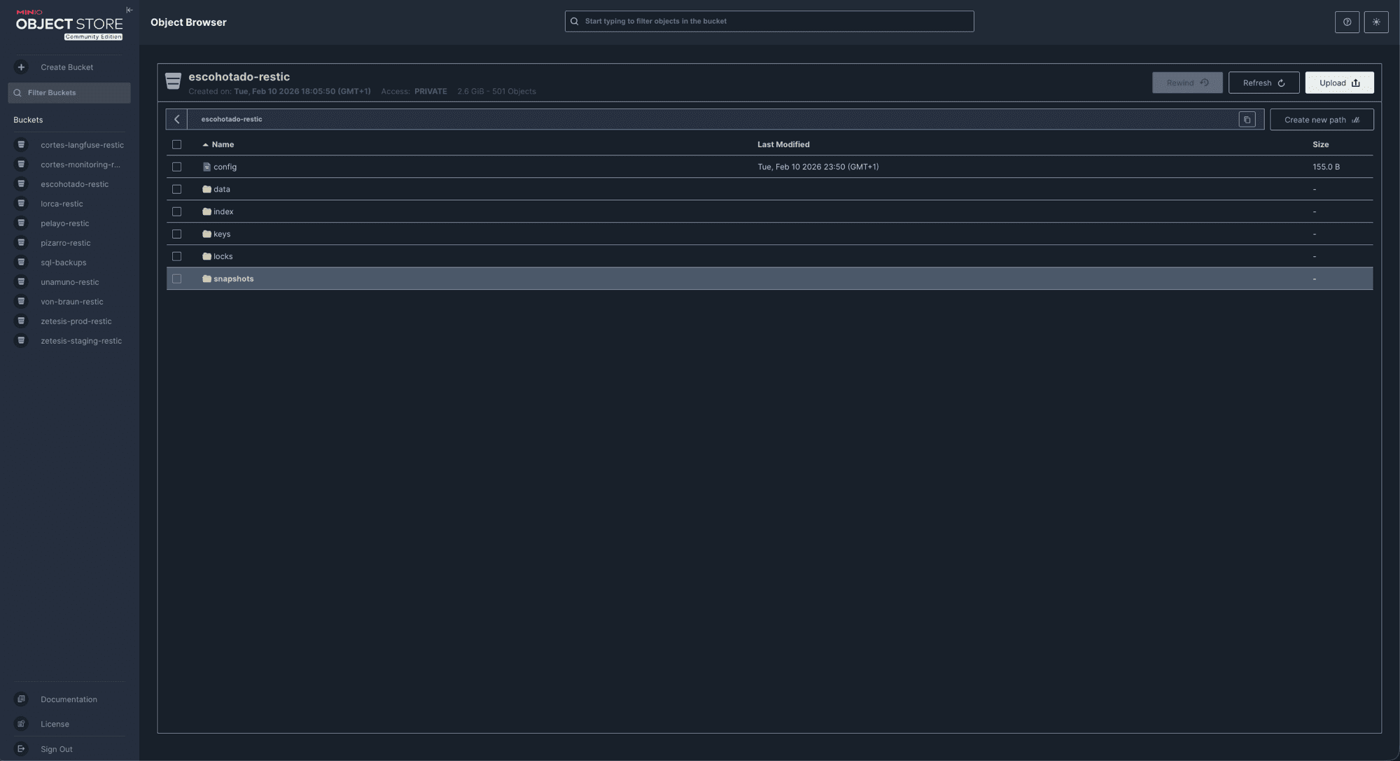 Consola de MinIO en spinoza: un repositorio restic por servicio (alejandro, escipion, escohotado, VPS…), con la estructura config/data/index/keys/locks/snapshots del bucket escohotado-restic a la vista.