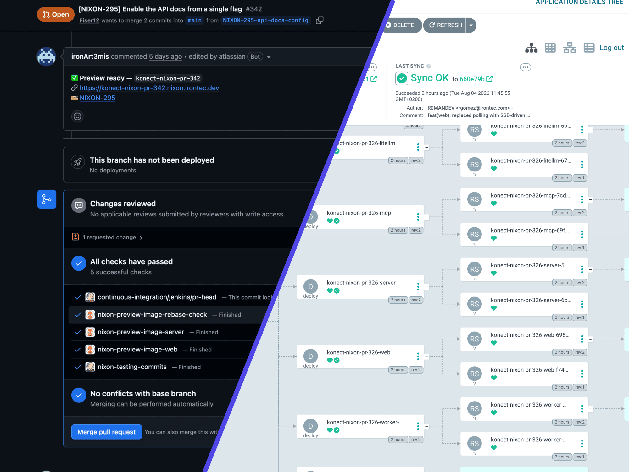 El bot de GitHub anunciando el preview listo con su URL y los cinco checks en verde, junto al árbol de ArgoCD con los recursos que ese pull request ha levantado
